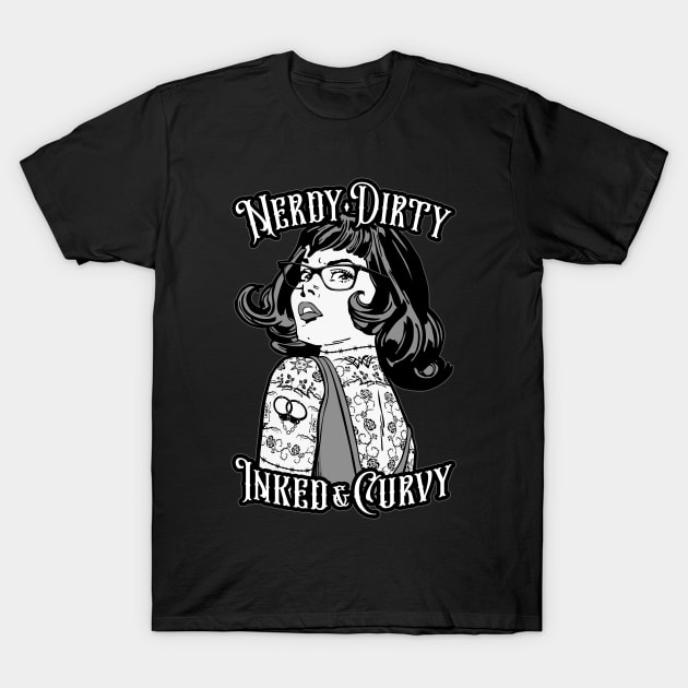 Nerdy Dirty Inked & Curvy Book Lover Tattoo Pop Art Girl T-Shirt by Grandeduc